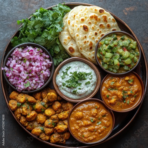 A traditional Pakistani thali with daal, roti, chicken karahi, raita, and a bowl of salad photo