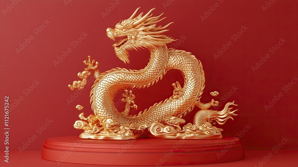 empty red podium display with Gold dragon sculpture, luxury Asia Chinese ornament style. empty red podium display with Gold dragon sculpture, luxury Asia Chinese ornament style.