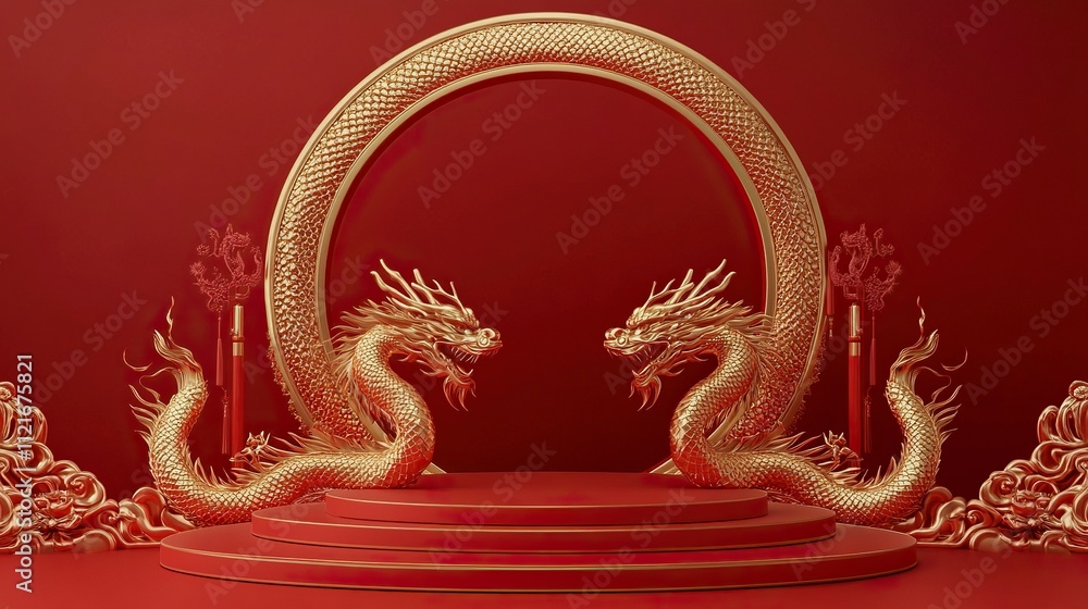 empty red podium display with Gold dragon sculpture, luxury Asia Chinese ornament style. empty red podium display with Gold dragon sculpture, luxury Asia Chinese ornament style.