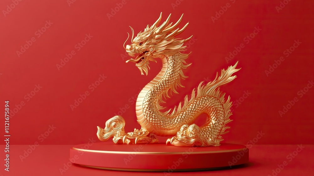 empty red podium display with Gold dragon sculpture, luxury Asia Chinese ornament style. empty red podium display with Gold dragon sculpture, luxury Asia Chinese ornament style.