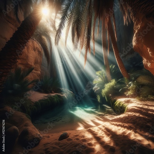 147 Desert Oasis Light shafts break through palm fronds onto a h photo