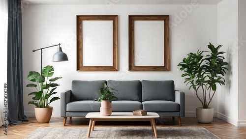 Mockup frame in scandinavian interior with blue sofa and pillows. 3d illustration.