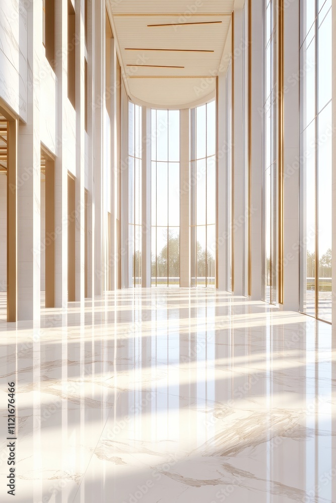 Serene Marble-Floored Hallway with Tall Windows and Natural Light Serene Marble-Floored Hallway with Tall Windows and Natural Light