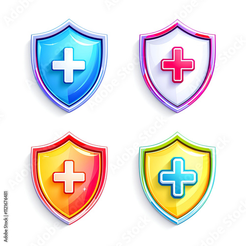 Shield icon set in vintage style,A shiny gold shield symbolizing protection and security,A minimalist shield icon with network nodes,colorful shield icon set