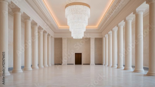 Hotel lobby modern chandelier concept. Elegant hall with columns and a large chandelier.