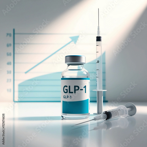 A sleek, modern vial of GLP-1 medication sits upright on a crisp, white background, adjacent to a transparent syringe with a subtle sheen, both illuminated by soft, natural light, with a faded, illust photo