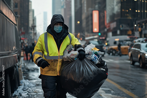 A garbage collector wearing a yellow reflective jacket and black gloves is carrying a large trash bag full of garbage on the street