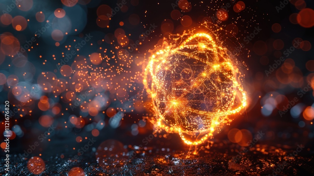 Fototapeta premium A glowing atomic structure with particles, representing energy and scientific concepts.