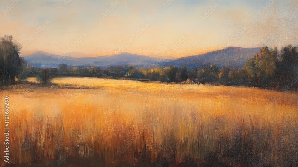 Fototapeta premium Golden field, distant mountains, sunset landscape.