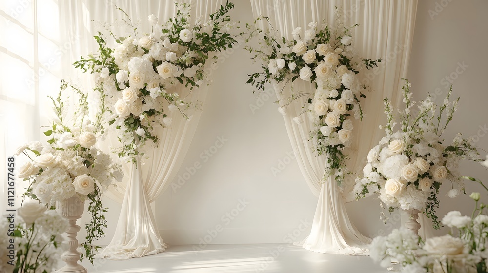 Luxurious white draped fabric forms wedding ceremony backdrop, adorned with elegant white roses and greenery arrangements, creating romantic arch with ethereal atmosphere. Luxurious white draped fabric forms wedding ceremony backdrop, adorned with elegant white roses and greenery arrangements, creating romantic arch with ethereal atmosphere.