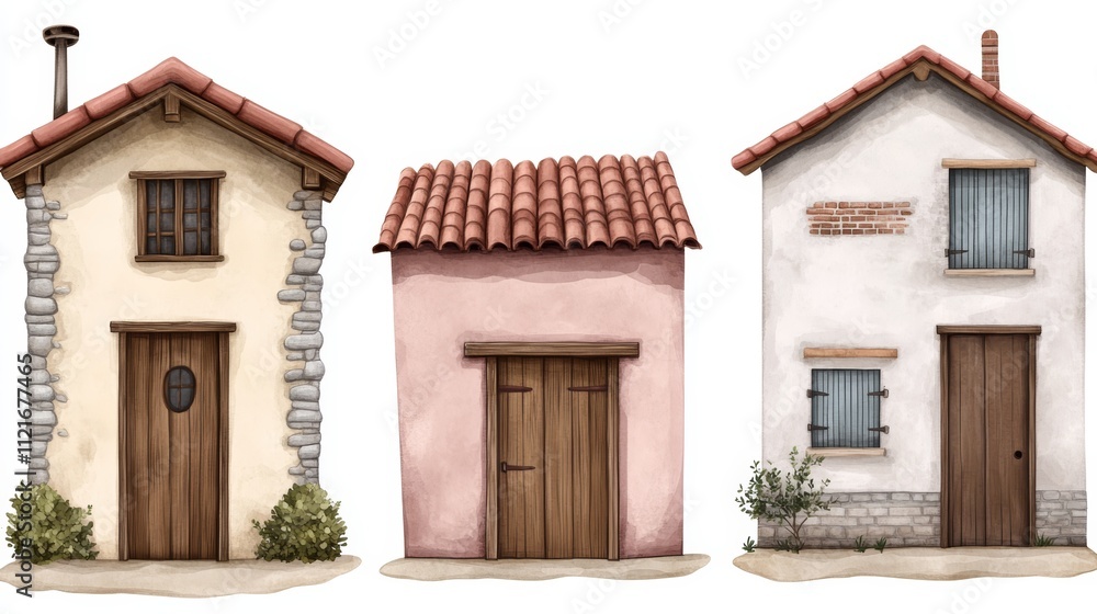 Three charming small houses with windows and doors create a cozy inviting atmosphere. Three charming small houses with windows and doors create a cozy inviting atmosphere.