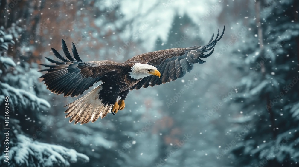 Fototapeta premium Bald Eagle in Flight Through Wintery Forest