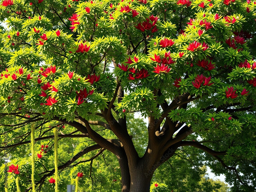 A majestic tree stands tall with its radiant green leaves and vibrant red flower petals, foliage, landscape A majestic tree stands tall with its radiant green leaves and vibrant red flower petals, foliage, landscape