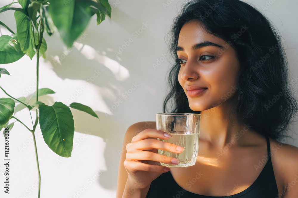 Indian woman of about 20-30 years holds a glass of water in her hands on the background of a green plant in the room and smiles Indian woman of about 20-30 years holds a glass of water in her hands on the background of a green plant in the room and smiles