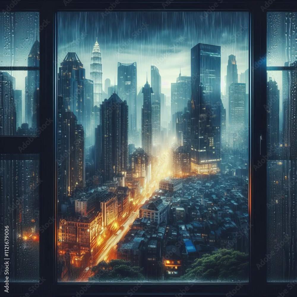 125 Rain and Cityscape A window showing a cityscape with rain fa 125 Rain and Cityscape A window showing a cityscape with rain fa