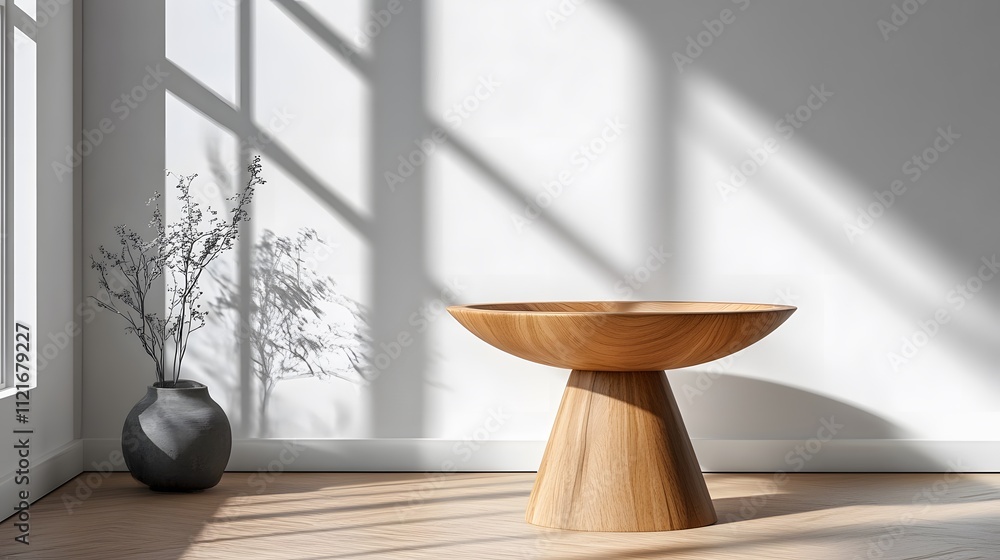 Natural oak wooden pedestal table showcases minimalist design against pure white wall, highlighting professional product photography with studio lighting and contemporary furniture style. Natural oak wooden pedestal table showcases minimalist design against pure white wall, highlighting professional product photography with studio lighting and contemporary furniture style.