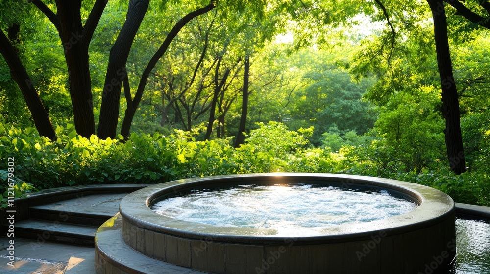 A wooden hot tub filled with bubbling water is nestled among tall trees and shrubs, creating a peaceful atmosphere for relaxation on a sunny day. A wooden hot tub filled with bubbling water is nestled among tall trees and shrubs, creating a peaceful atmosphere for relaxation on a sunny day.
