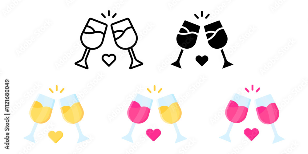 Fototapeta premium Champagne glasses flat icon. Celebration drink sign. Wedding alcohol symbol. Red wine pictogram. Christmas party illustration.