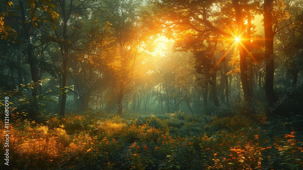 A forest with a sun shining through the trees A forest with a sun shining through the trees