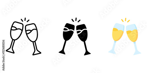 Champagne glasses flat icon. Celebration drink sign. Christmas sparkling alcohol symbol. Holiday party pictogram. New year illustration.