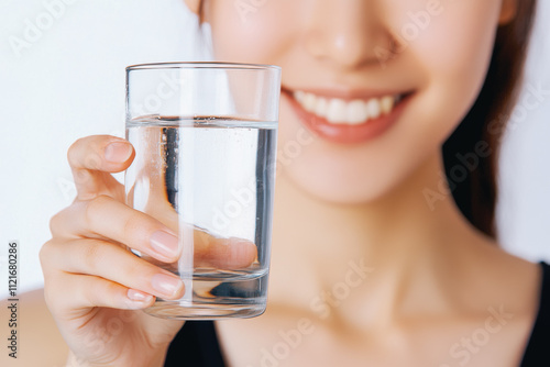 Chinese woman of about 20-30 years holds a glass of water in her hands on the background of a green plant in the room and smiles