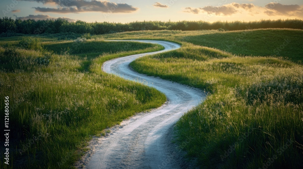 Winding Country Road at Sunset: A Serene Journey Through Rolling Green Fields Winding Country Road at Sunset: A Serene Journey Through Rolling Green Fields