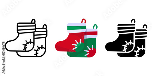 Christmas socks color icon. Holiday hanging stocking symbol. Sock-shaped bags for presents illustration. New year gift sign.
