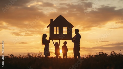 Obraz na płótnie Family Silhouette Holding a House at Sunset w salonie