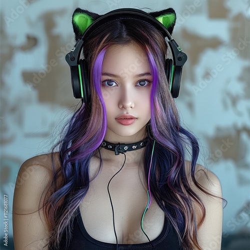 A woman who is a gamer and has long hair with vibrant purple and green streaks styled elegantly. Betty is wearing cat-ear headphones and a black sleeveless top. photo