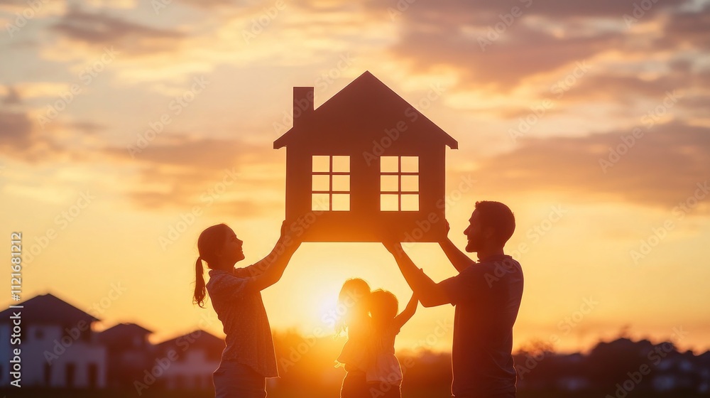 Family Holding a Cardboard House Silhouette at Sunset