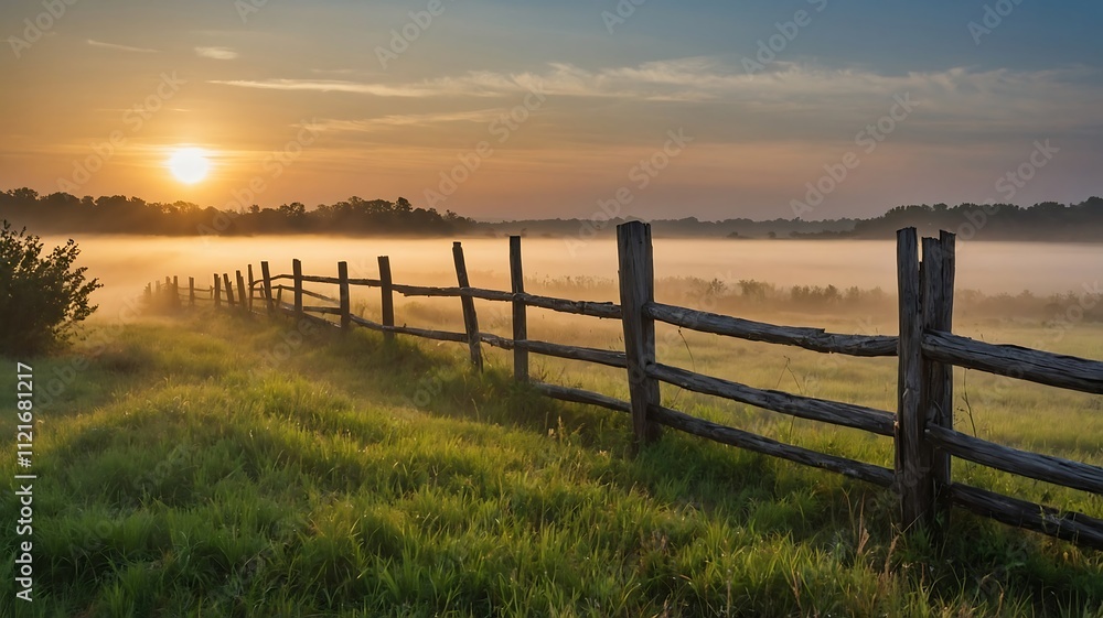 Sunrise Over Misty Field with Wooden Fence Sunrise Over Misty Field with Wooden Fence