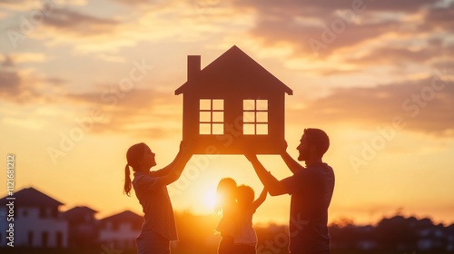 Obraz na płótnie Family Holding a Cardboard House Silhouette at Sunset w salonie