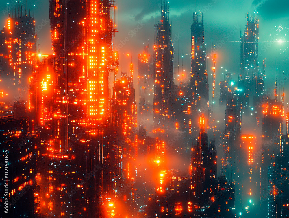 A futuristic, cyberpunk cityscape at night with neon lights, advanced technology buildings, misty foreground, and a dystopian aesthetic A futuristic, cyberpunk cityscape at night with neon lights, advanced technology buildings, misty foreground, and a dystopian aesthetic