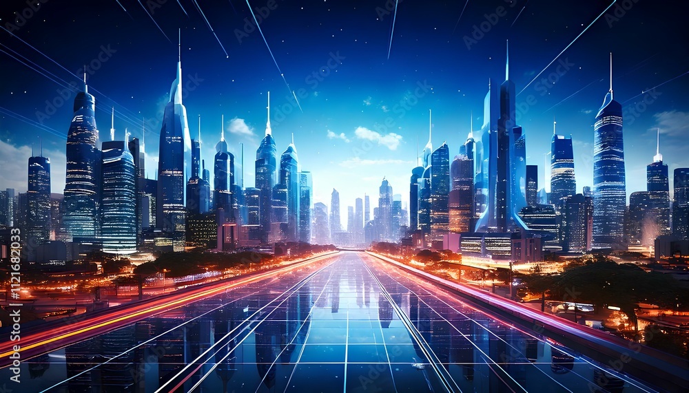 Vector Illustration of Urban Cityscape with Neon Lights and Space Elements Vector Illustration of Urban Cityscape with Neon Lights and Space Elements