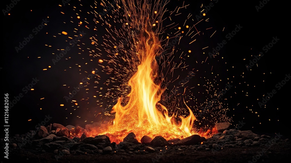 An intense flame with sparks on a black background surrounded by flames and embers, warm glow, smoldering embers, fire, flame An intense flame with sparks on a black background surrounded by flames and embers, warm glow, smoldering embers, fire, flame