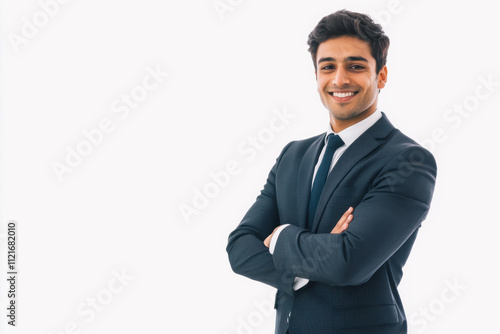 Portrait of a business smiling Muslim man about 30 years old in a business suit on a bright background in the studio