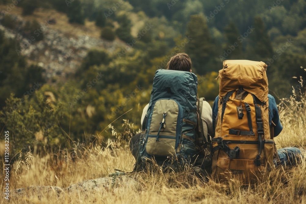 Obraz premium Adventure travelers with rugged luggage enjoying stunning natural views in the wilderness captured in a scenic outdoor landscape invoking wanderlust and exploration