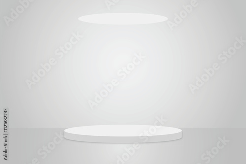 Empty round podium in a white room with a light, futuristic stand design for product display 3D rendering