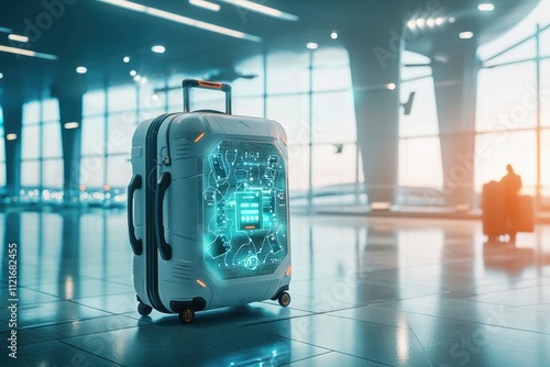 High-tech luggage with digital features at airport terminal futuristic travel gear modern environment sleek design innovative concept for enhanced travel experience photo