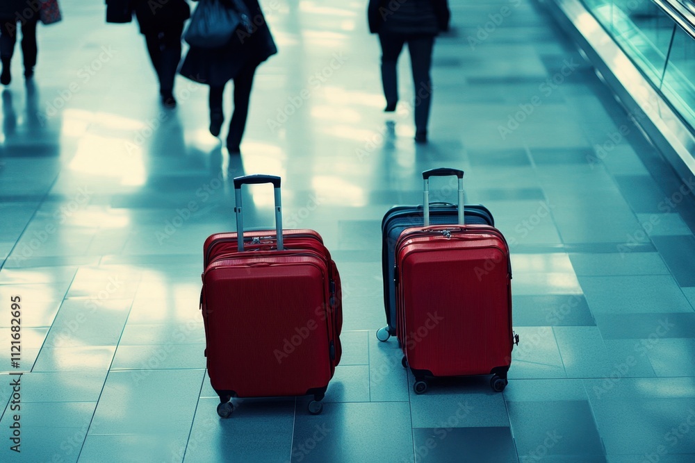 Traveling through a modern airport terminala captivating scene featuring luggage with travelers in motion on a sleek tiled floor environment captured from above for ultimate perspective Traveling through a modern airport terminala captivating scene featuring luggage with travelers in motion on a sleek tiled floor environment captured from above for ultimate perspective