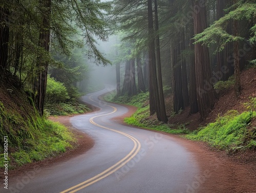 Foggy Road Through Redwood Forest