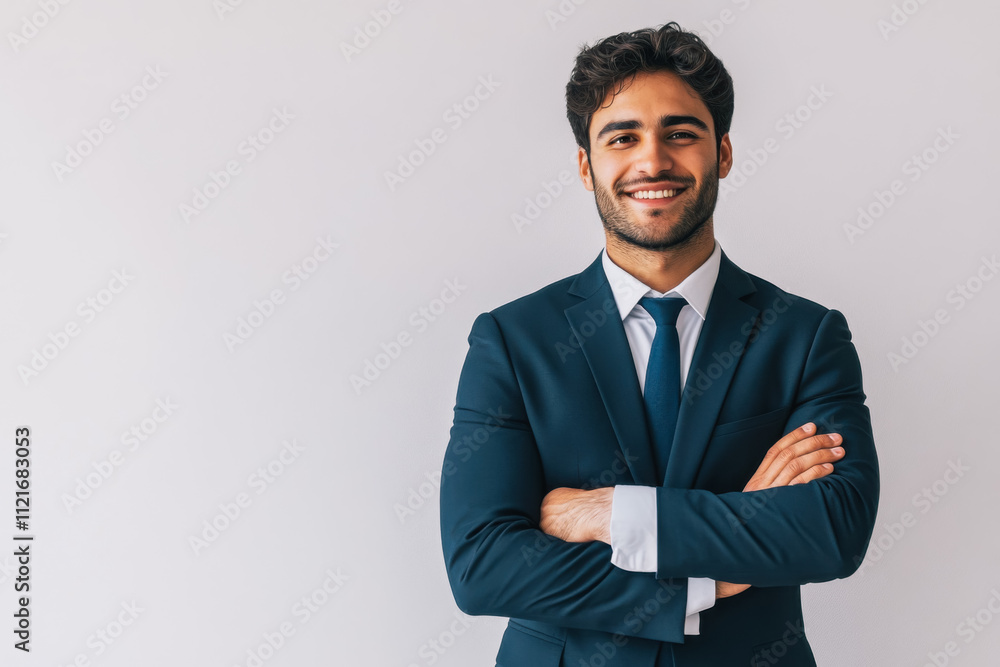 Portrait of a business smiling Muslim man about 30 years old in a business suit on a bright background in the studio