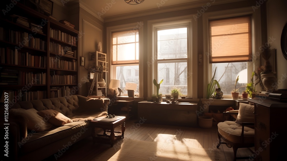 Fototapeta premium Sunlit Living Room With Bookshelves And Comfortable Seating