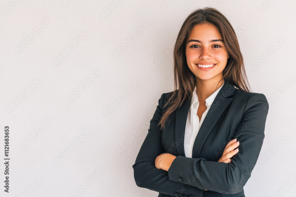 Portrait of a business smiling Muslim woman about 30 years old in a business suit on a bright background in the studio Portrait of a business smiling Muslim woman about 30 years old in a business suit on a bright background in the studio