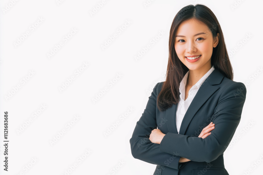 Portrait of a business smiling Chinese woman about 30 years old in a business suit on a bright background in the studio Portrait of a business smiling Chinese woman about 30 years old in a business suit on a bright background in the studio