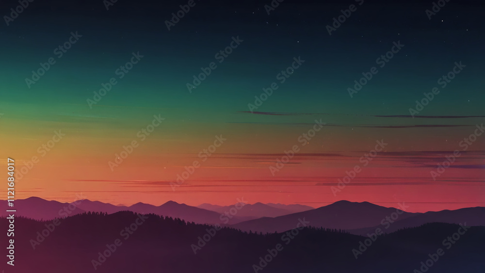 Colorful Gradient Mountain View at Sunset with Pine Trees Silhouette Colorful Gradient Mountain View at Sunset with Pine Trees Silhouette