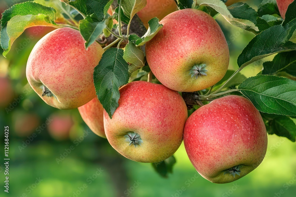 Cluster ripe apples hanging from a tree branch in an orchard Cluster ripe apples hanging from a tree branch in an orchard