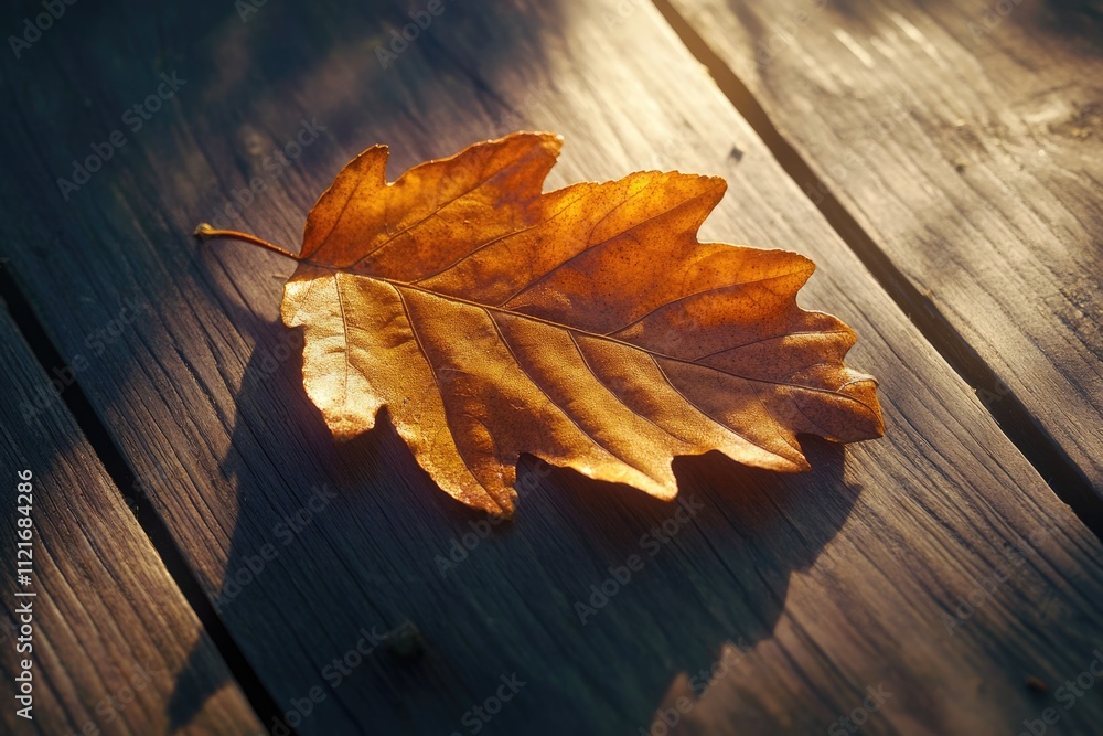 Obraz premium A single, sunlit, golden autumn leaf rests on weathered wooden planks.