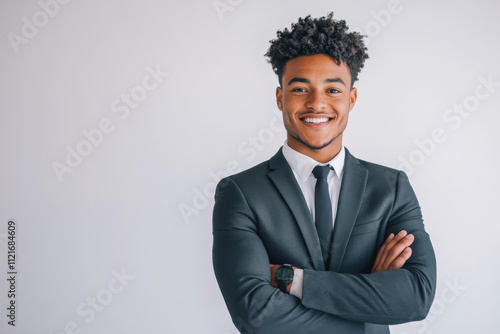 Portrait of a business smiling African American man about 30 years old in a business suit on a bright background in the studio