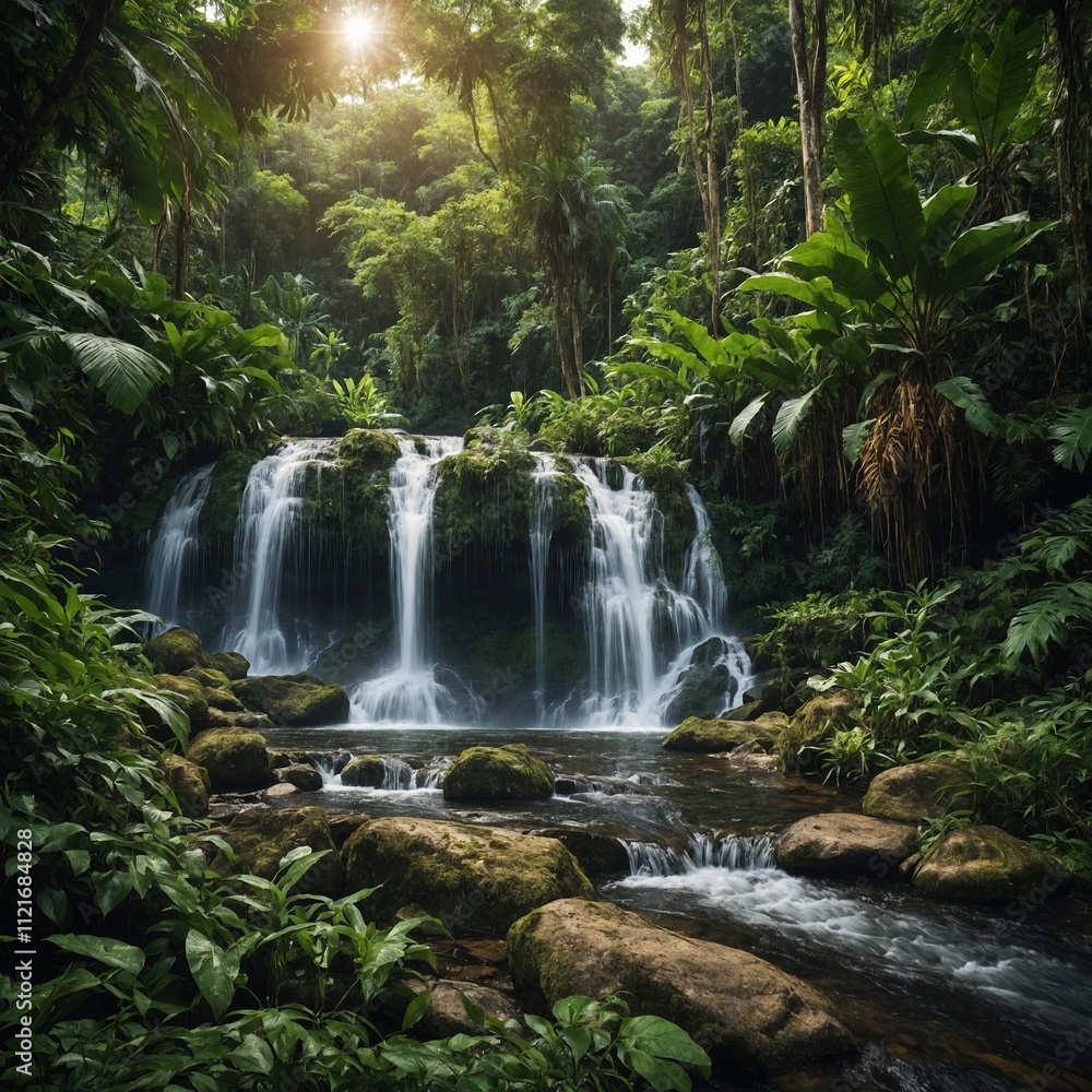 A dense jungle with cascading waterfalls in the heat of summer. A dense jungle with cascading waterfalls in the heat of summer.
